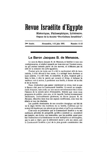 Revue israélite d'Egypte. Vol. 5 n° 11 - 12 (1 - 15 juin 1916)
